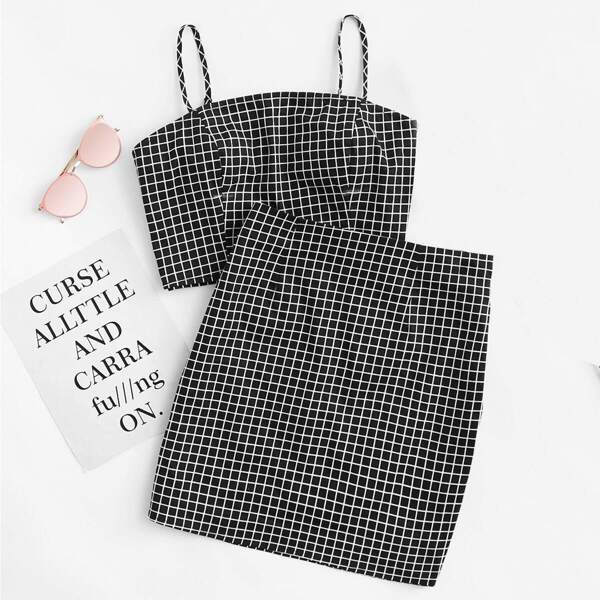 

Grid Print Zip Back Cami Top And Skirt Set