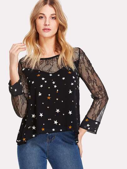 Star Print Lace Back Top