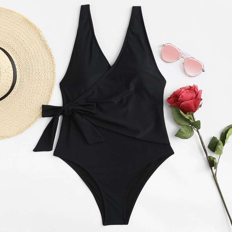 

Self Tie Low Back Surplice One Piece Swimsuit, Black