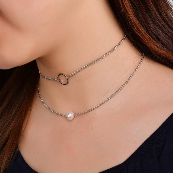 

Faux Pearl Chain Choker 2pcs, Silver