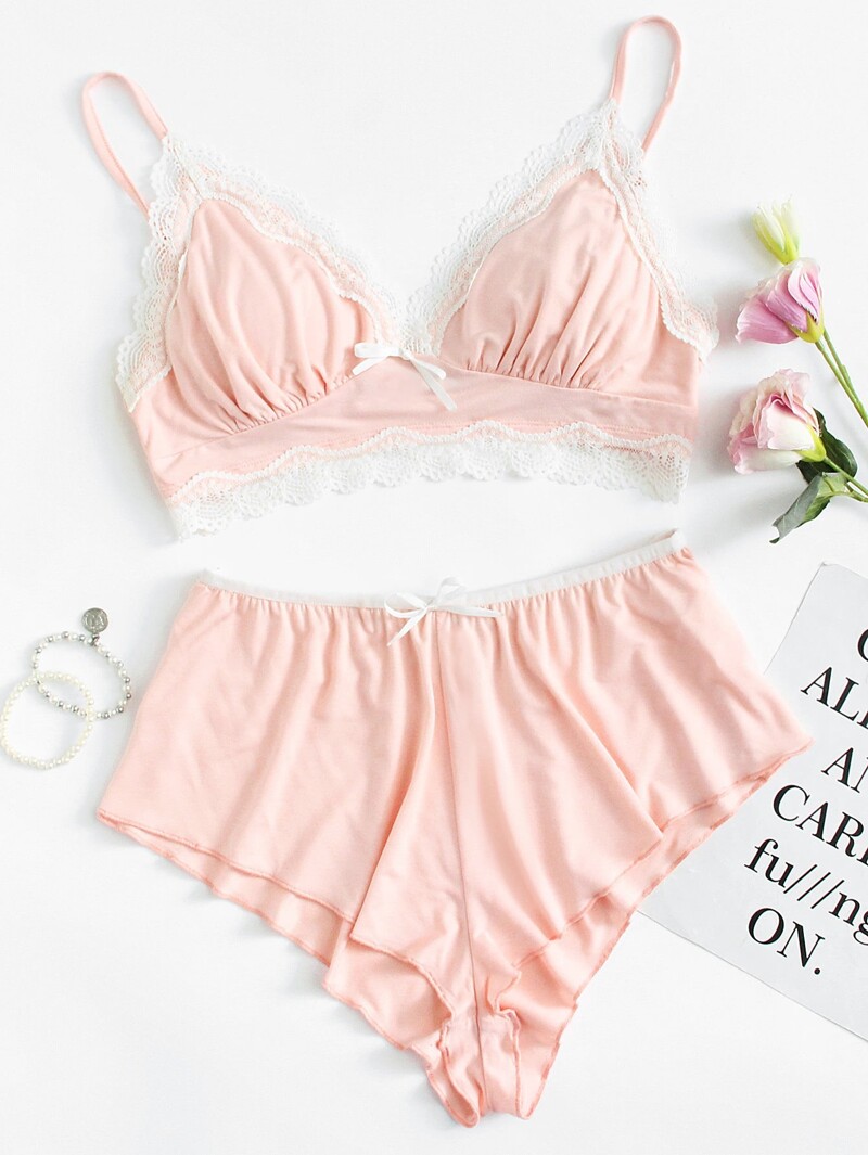 

Lace Trim Bralette And Frill Trim Shorts PJ Set, Pink