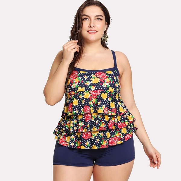 

Plus Flower & Dot Layered Top With Shorts Tankini, Multicolor
