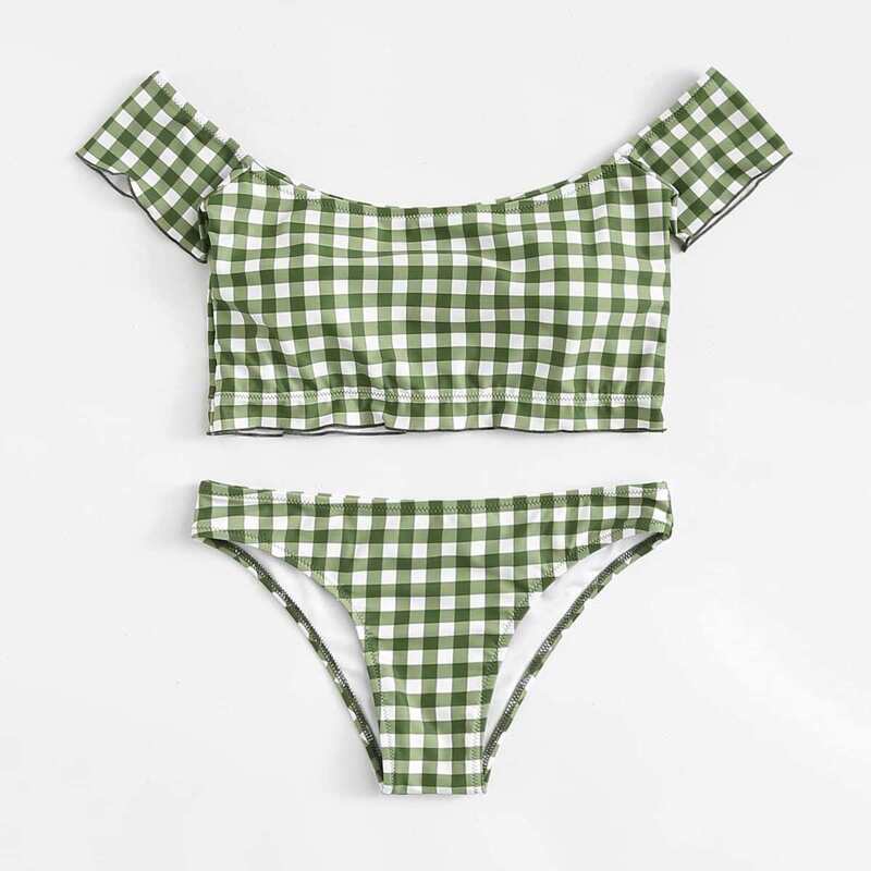 

Off The Shoulder Gingham Bikini Set, Army green