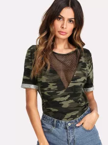 SHEIN Unity 迷彩圖案漁網拼接短袖T恤 - 彩色 - 查看 1
