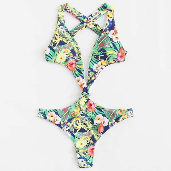 

Knot Detail Crisscross Tropical Monokini