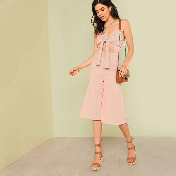 

Wide Capri Leg Striped Jumpsuit with Tie Front MUSTARD, Pink