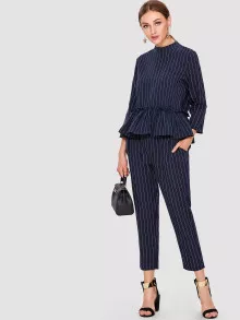 Pinstripe Ruffle Hem Top And Pants - Navy Blue - View 1