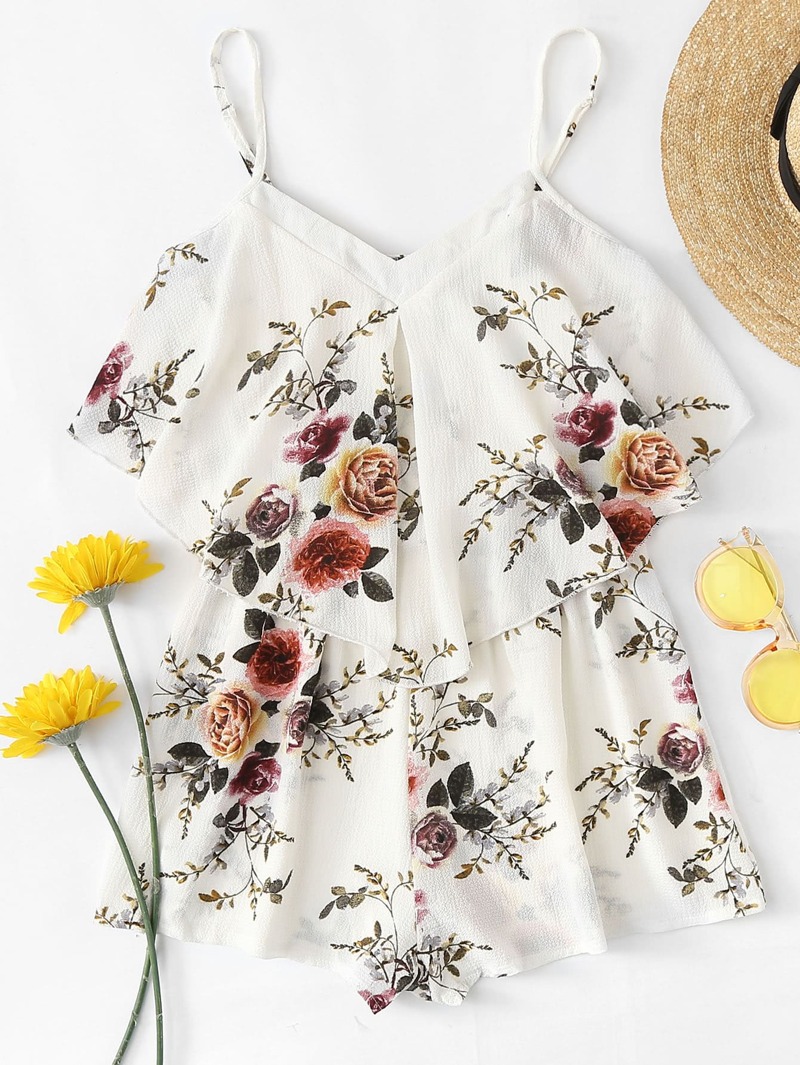 

Ruffle Hem Floral Cami Romper, Multicolor