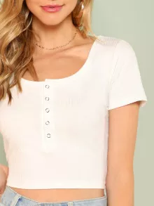 SHEIN EZwear 領前紐扣羅紋針織短款T - 白色 - 查看 4