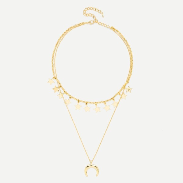 Moon Pendant Link Necklace With Star Charm, Gold