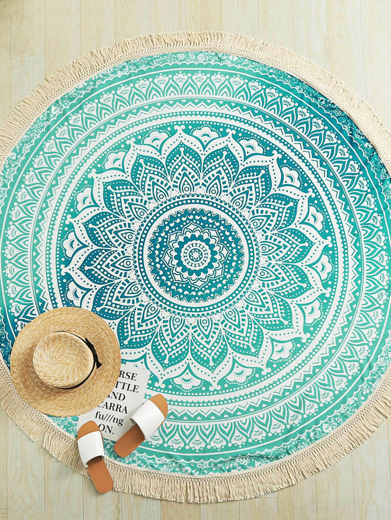 

Green Vintage Floral Print Fringe Trim Round Beach Blanket
