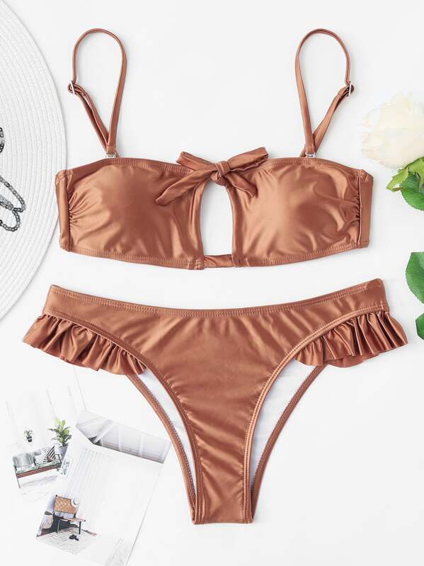 

Ruffle Detail Knot Bikini Set, Brown
