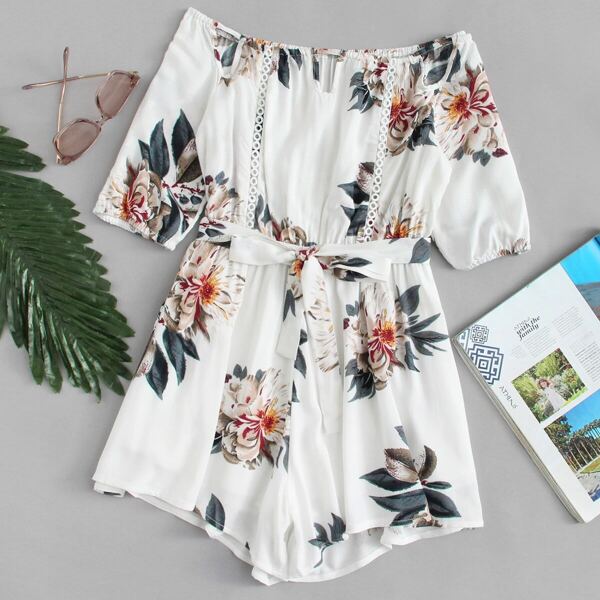 

Off Shoulder Self Tie Waist Romper