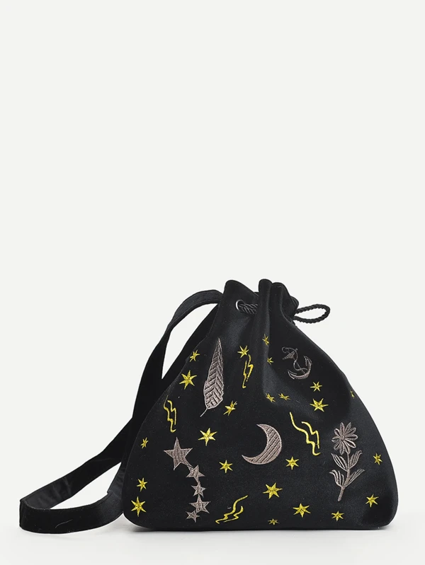 Embroidered Detail Drawstring Bucket Bag Embroidered Detail Drawstring Bucket Bag