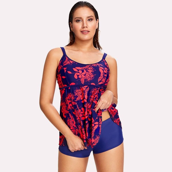 

Plus Flower Print Tankini Set