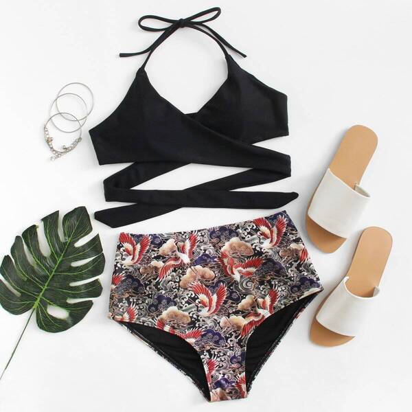 

Crisscross Wrap Top With High Waist Crane Print Bikini