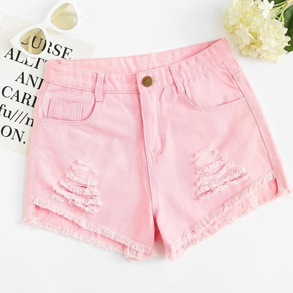 

Raw Hem Ripped Denim Shorts, Baby pink