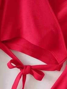 Bell Sleeve Knotted Hem Surplice Blouse - Merah - View 4