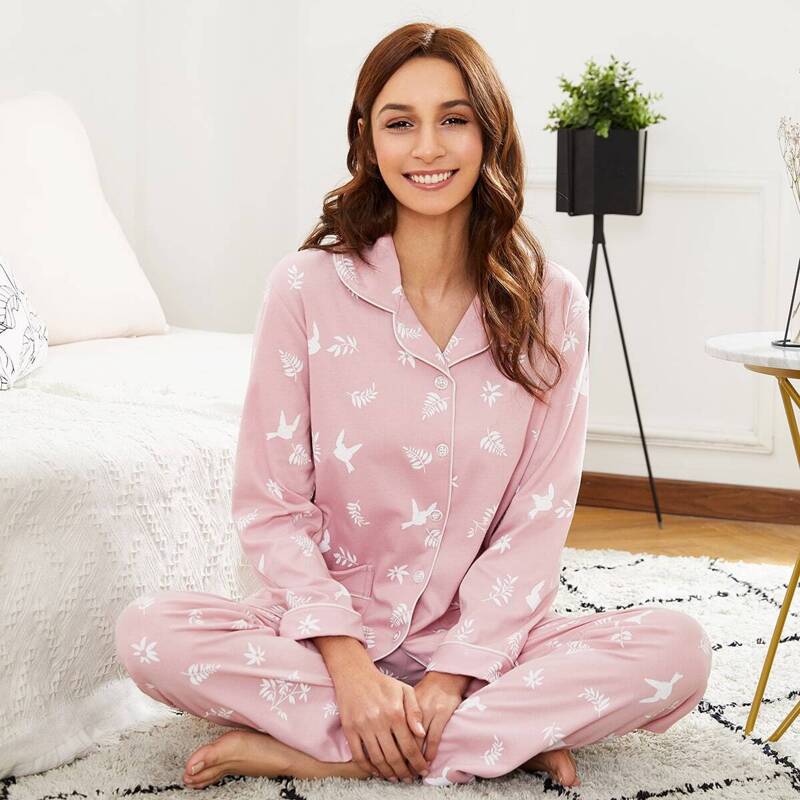 

Contrast Binding Leaf Print Pajama Set, Pink