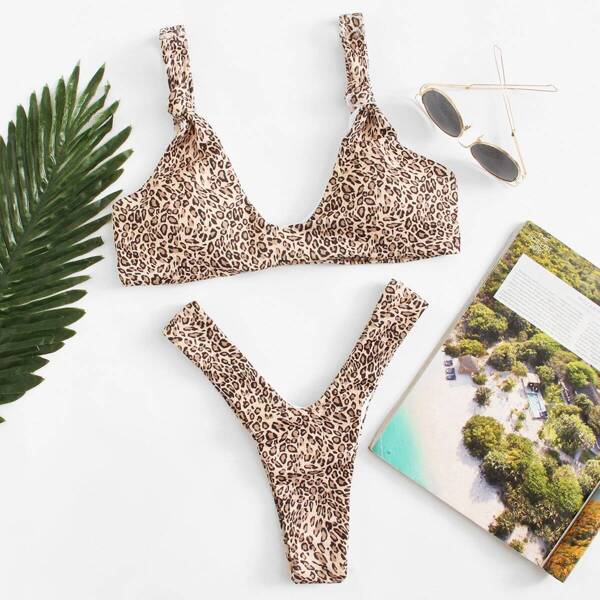 

Leopard Knot Strap Top With High Leg Bikini Set