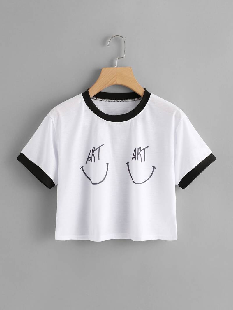 

Letter Print Ringer Crop Tee, White