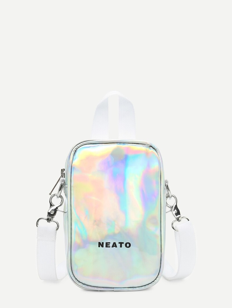 

Letter Print PU Pouch Bag, Silver
