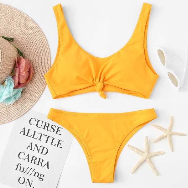 

Knot Front Top With Seam Trim Bikini Set