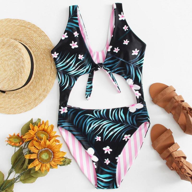 

Cut Out Detail Tropical Swimsuit, Multicolor