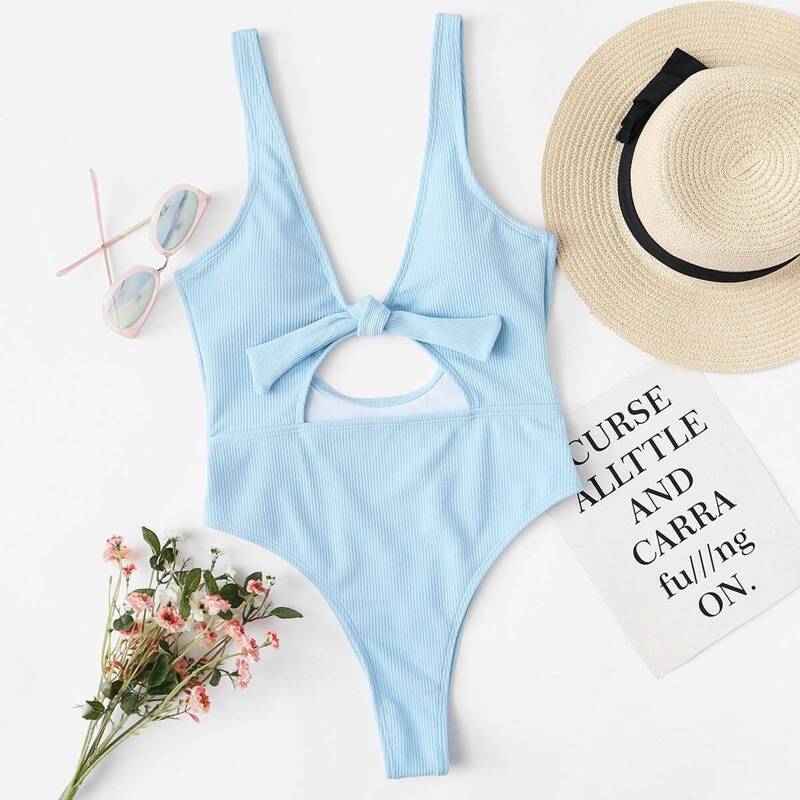 

Knot Front Cut Out One Piece Swimsuit, Blue