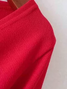 Bell Sleeve Knotted Hem Surplice Blouse - Merah - View 6