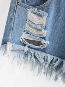 Frayed Distressed Denim Shorts - Light Wash - View 3