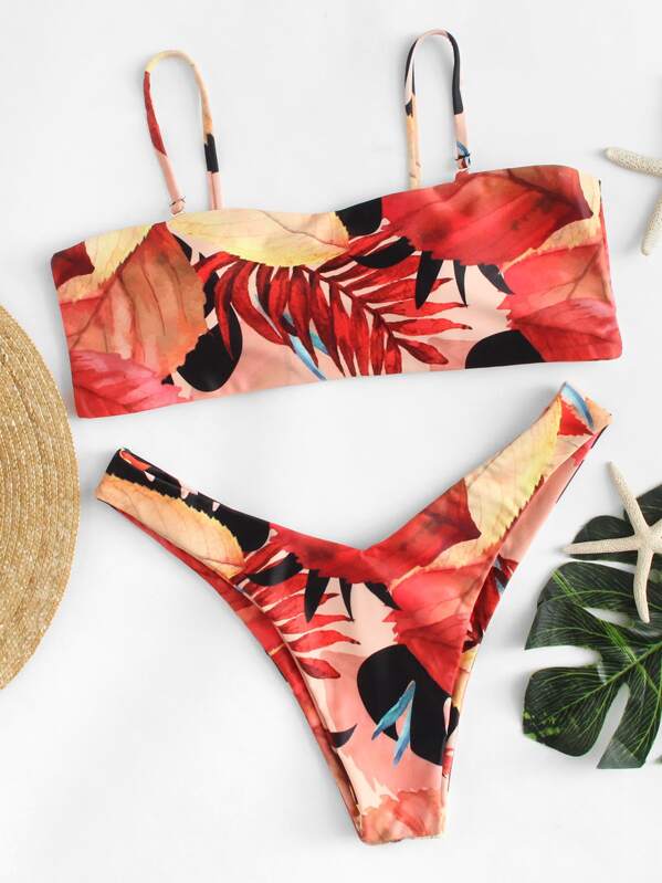 

Leaf Print High Leg Bikini Set, Multicolor