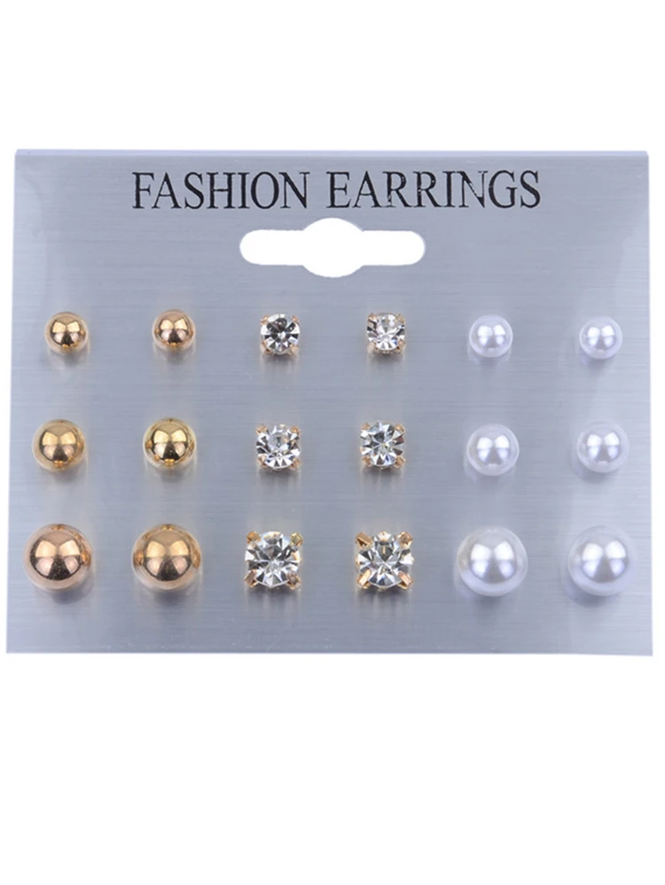 Faux Pearl & Rhinestone Design Stud Earring Set 9pairs