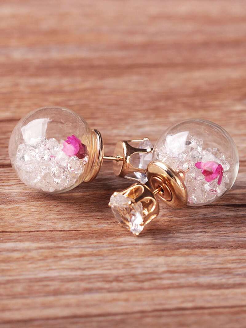 

Glass Ball With Flower Stud Earrings, White