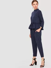 Pinstripe Ruffle Hem Top And Pants - Navy Blue - View 3
