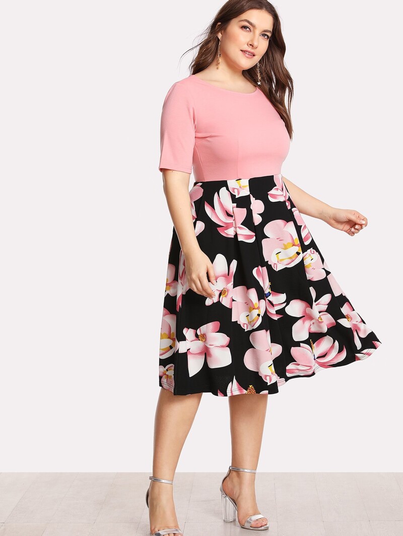 

Plus Flower Print Combo Dress, Multicolor