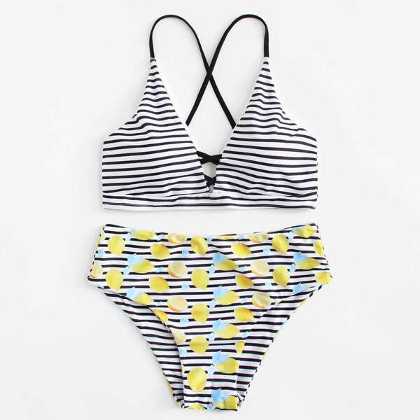 

Cross Back Striped Mix & Match Bikini Set