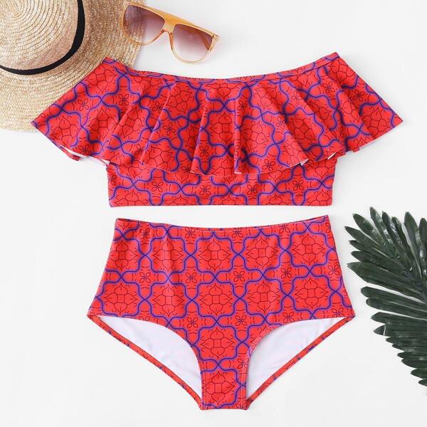 

Geometric Pattern Flounce Top With High Waist Bikini Set