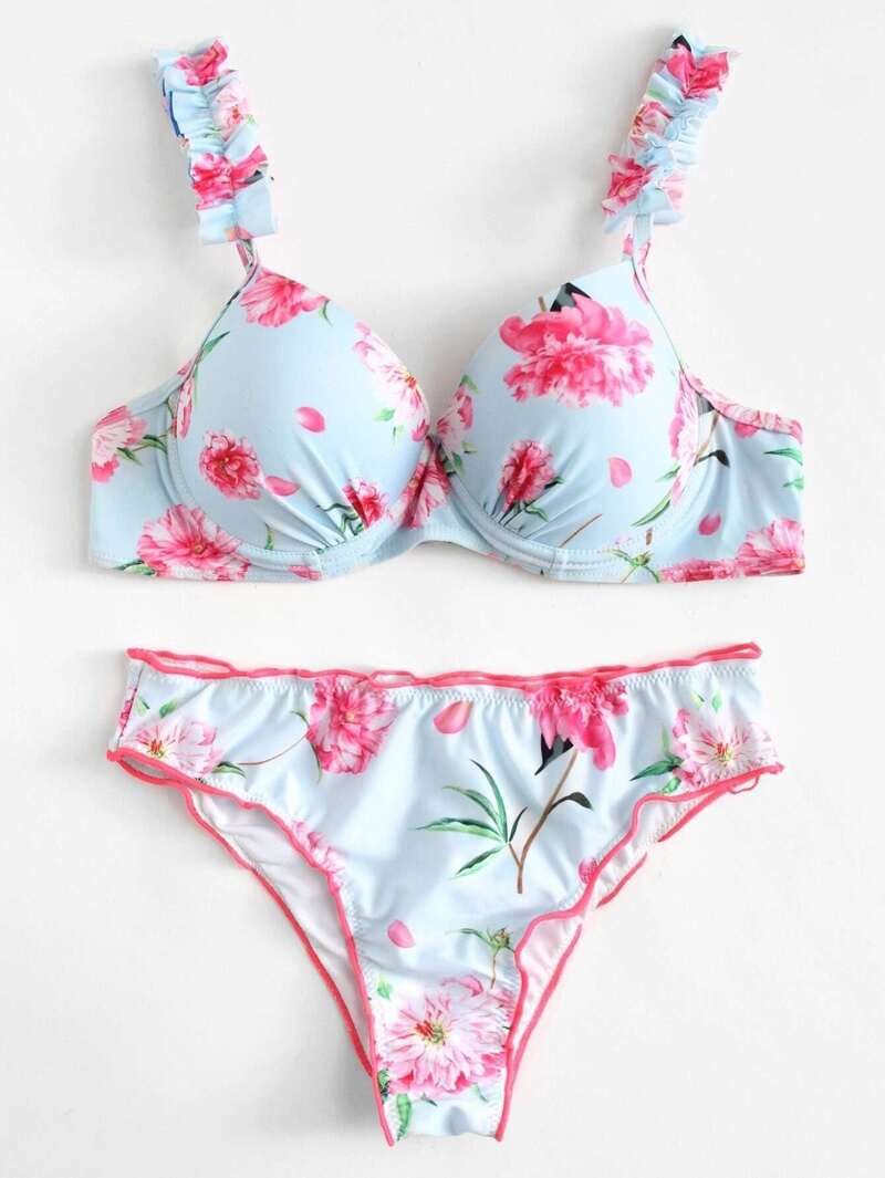 

Flower Print Ruffle Bikini Set, Multicolor