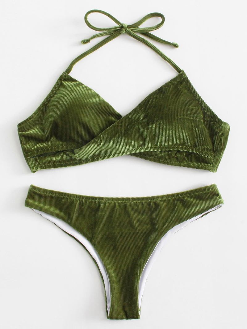 

Solid Corduroy Wrap Bikini Set, Green