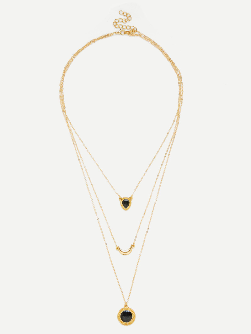 

Round & Moon Pendant Layered Chain Necklace, Black