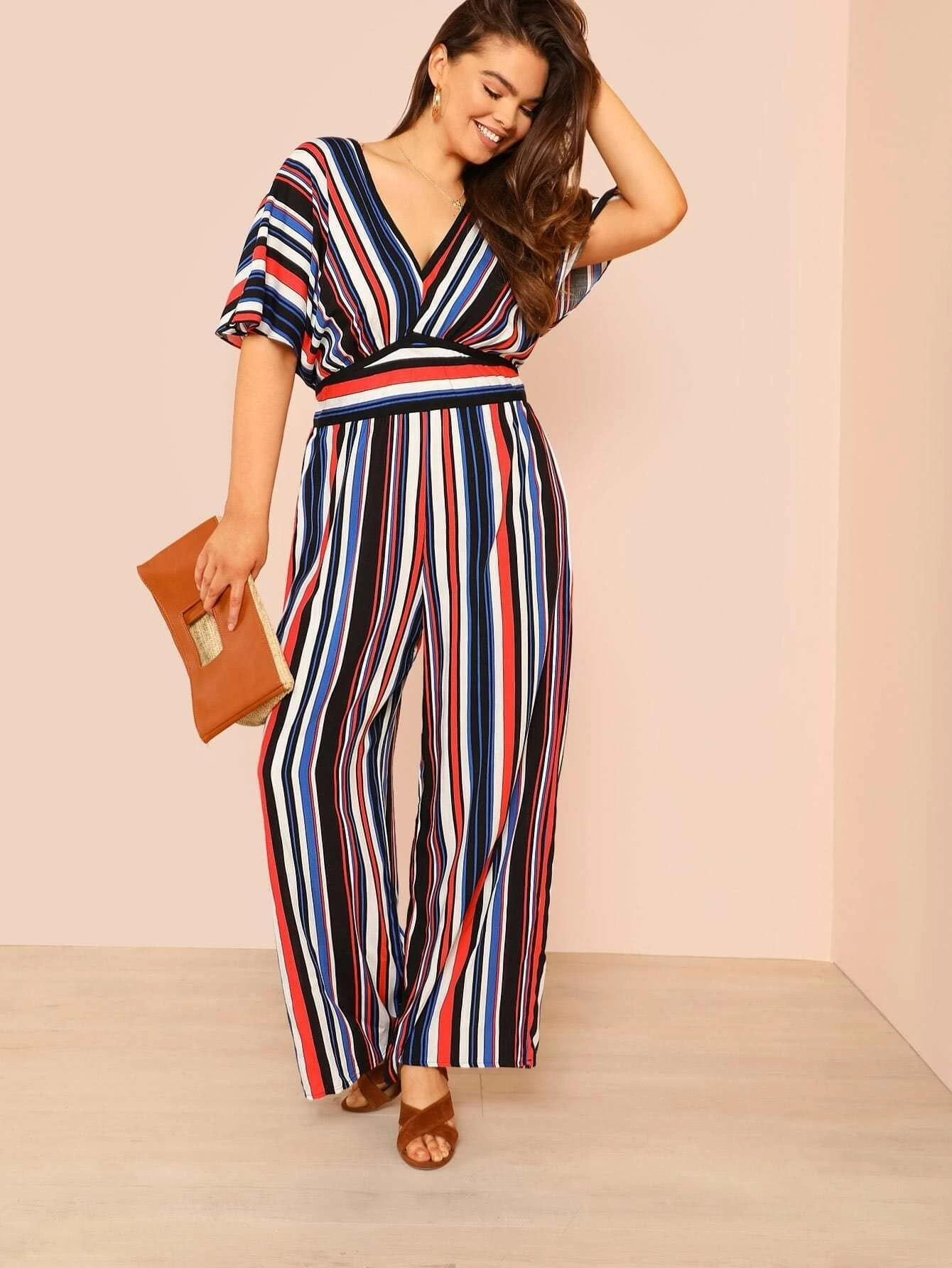 red and blue striped jumpsuit