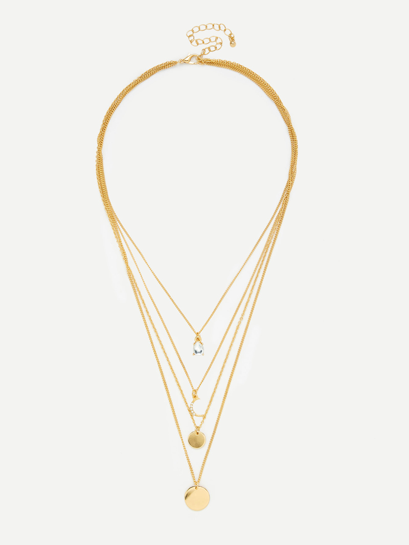 

Moon & Round Pendant Layered Chain Necklace, Gold