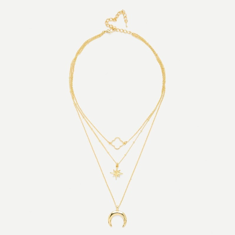 

Moon & Flower Pendant Link Layered Necklace, Gold