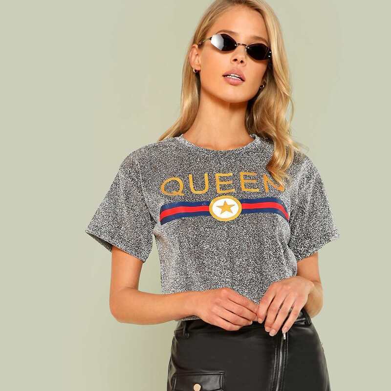 

Letter Print Glitter Tee, Grey