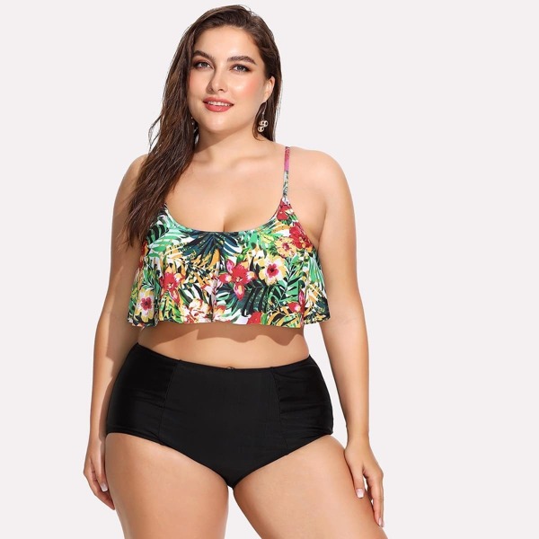 

Plus Tropical Floaty Top With High Waist Bikini, Multicolor