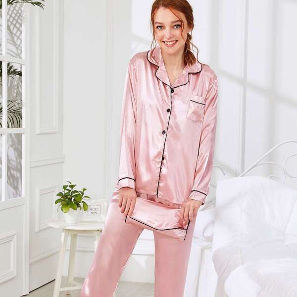 

Contrast Binding Satin Pajama Set With Wallet, Pink