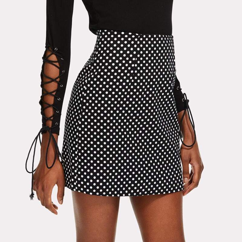 

Polka Dot Zip Up Back Skirt, Black and white