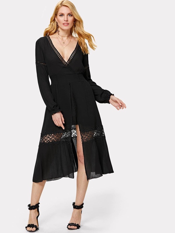 

Wrap Front Lace Insert Split Dress, Black, Mirjana