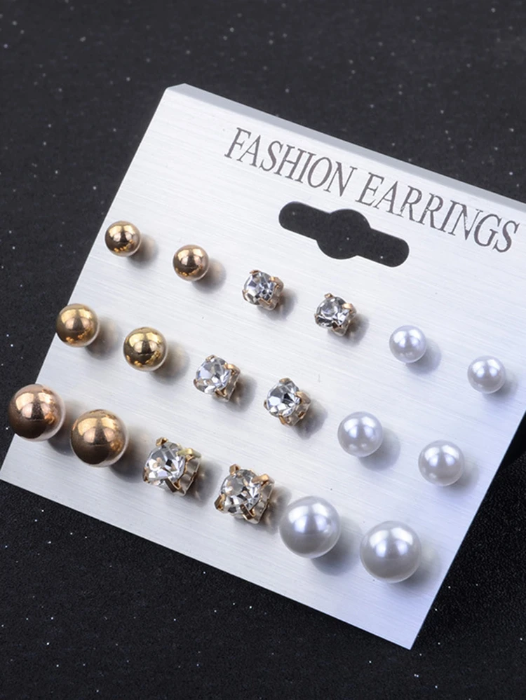 Faux Pearl & Rhinestone Design Stud Earring Set 9pairs